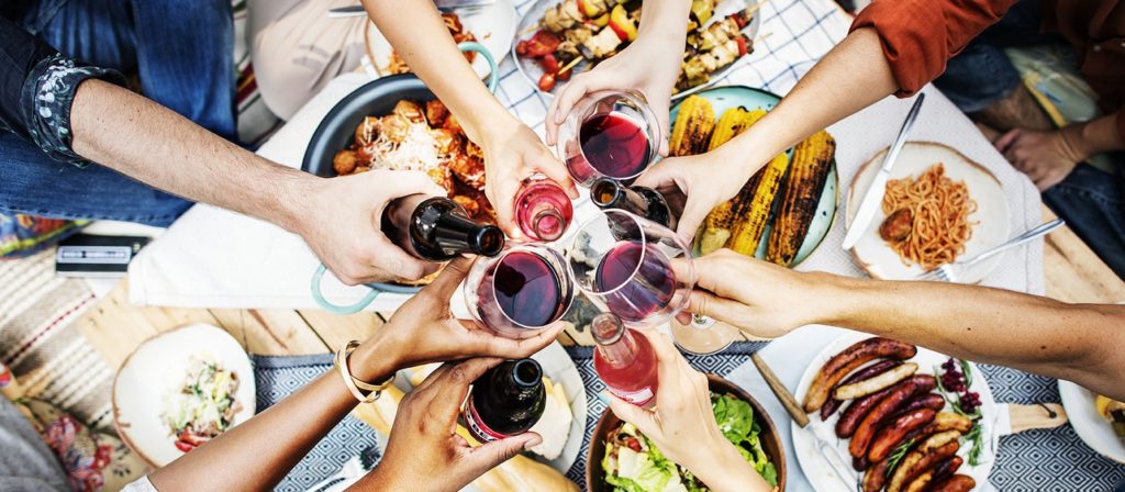 Aerial view of people toasting together